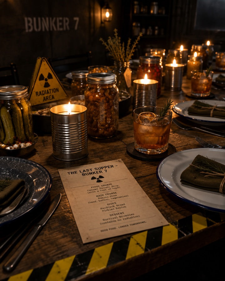 A dinner table styled as a survival bunker with candles in tins