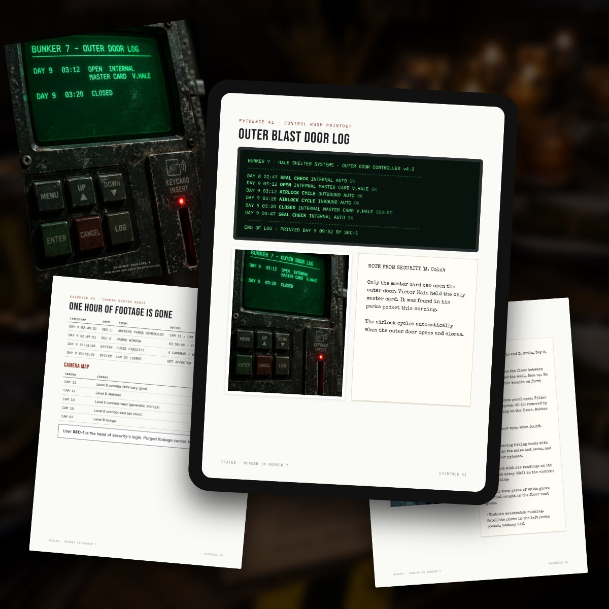 Evidence pages and the door log on a tablet