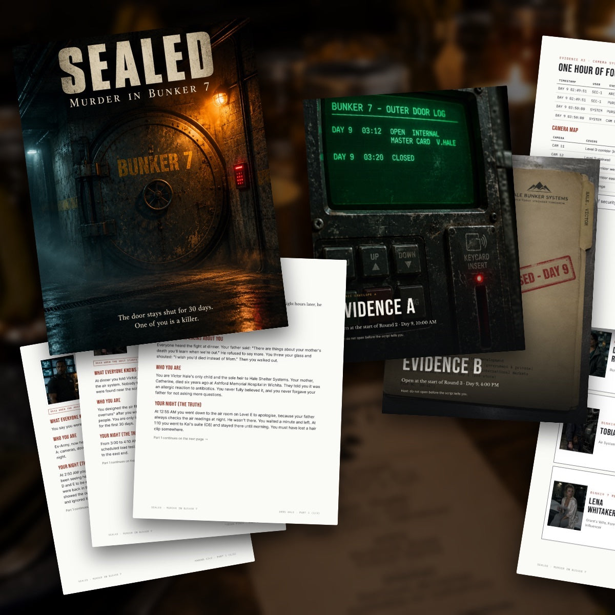 The printed game: host guide, character booklets, evidence envelopes and name badges