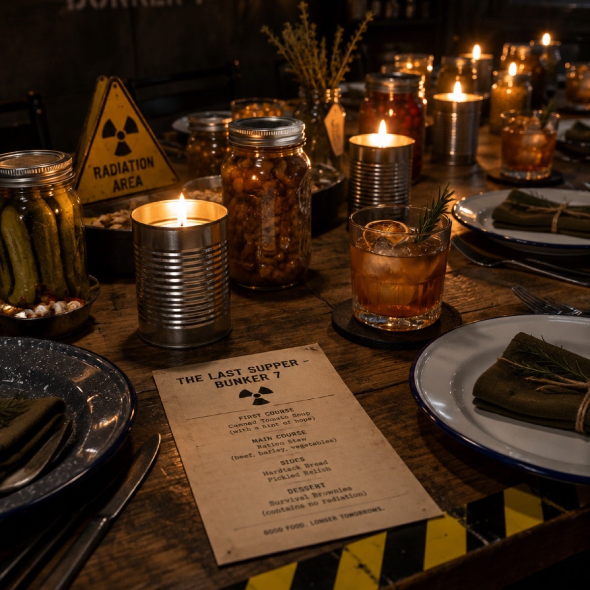 A dinner table styled as a survival bunker